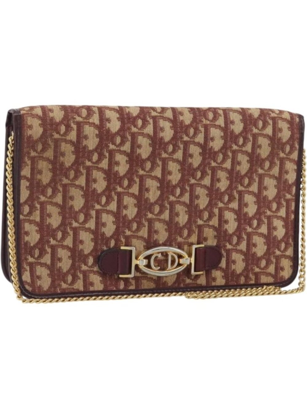 Christian Dior Trotter Canvas Chain Shoulder Bag Red Gold